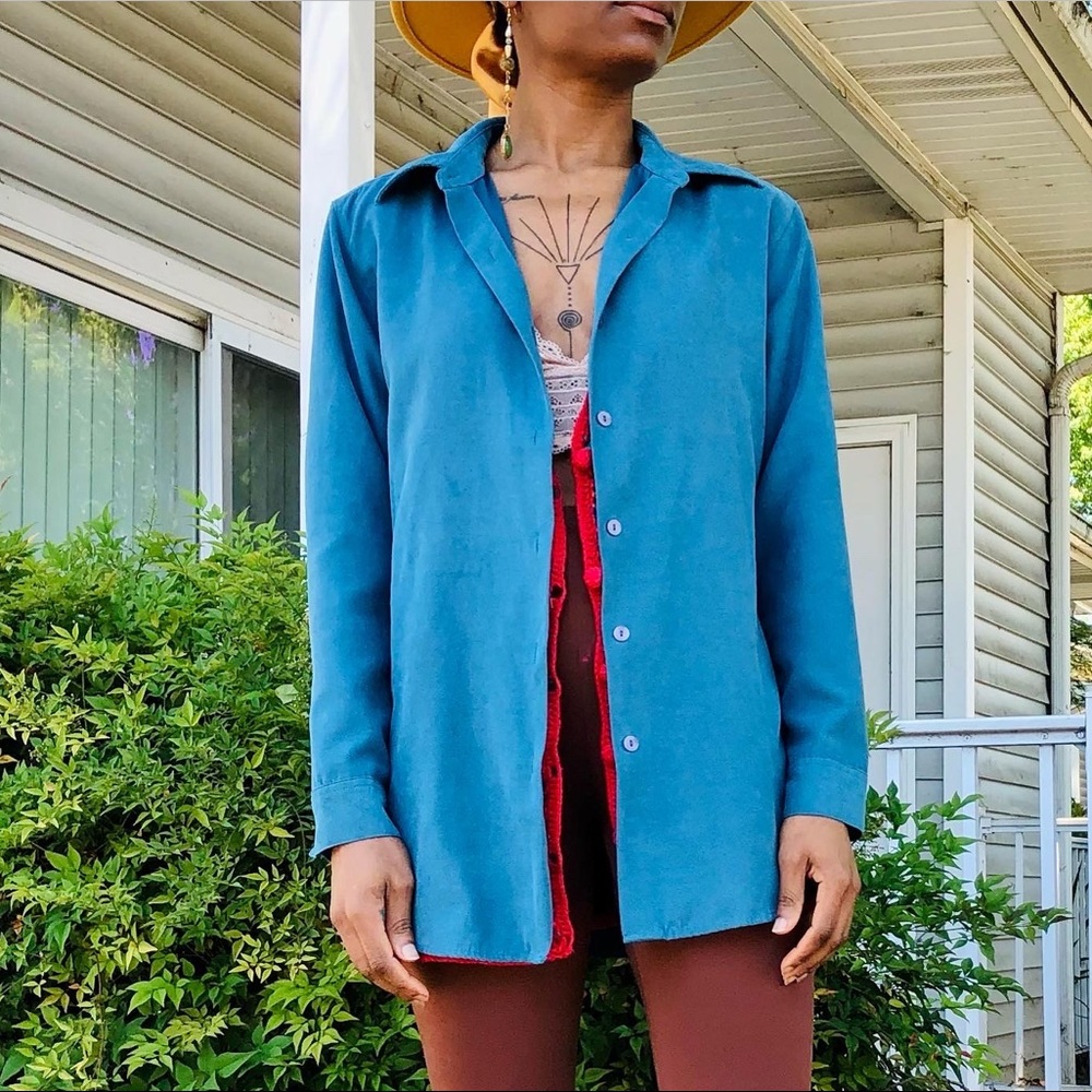 Blue Suede-like Button-up Shirt